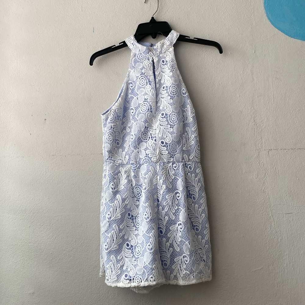 Lace hem white and blue romper